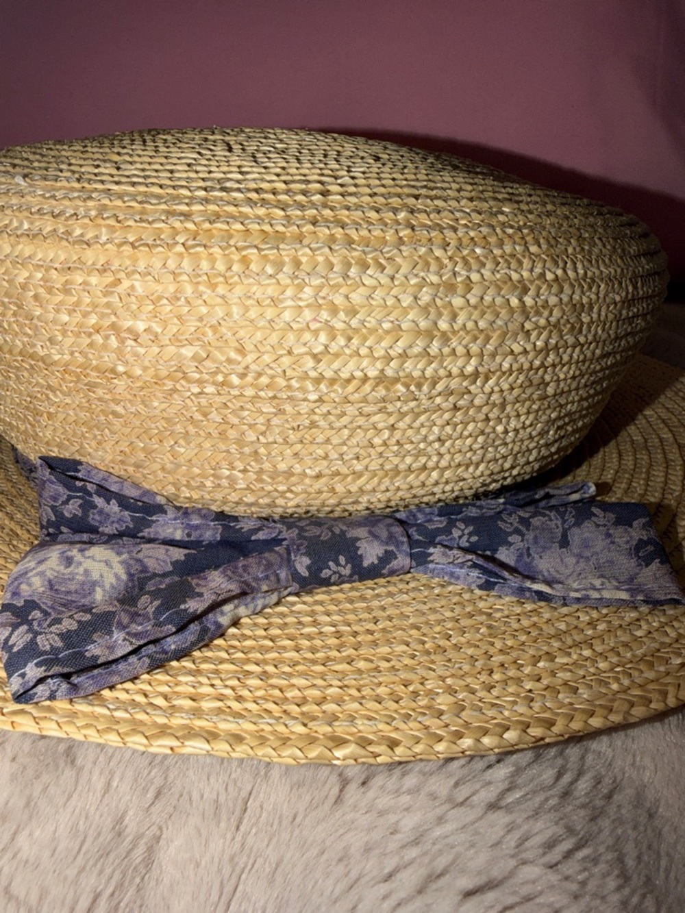 April Cornell Vintage Natural Straw Boater Hat with Blue Floral Bow - Picture 7 of 13